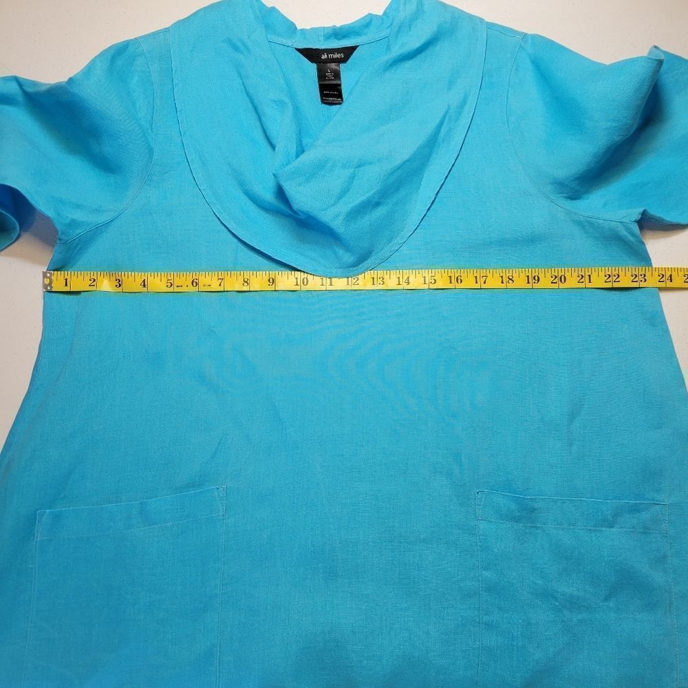 Ali Miles Linen Blue Cowl Neck Tunic Women's Top Roll Tab Sleeves - Picture 10 of 12